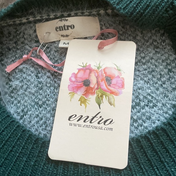 NWT Entro Long Sleeve Crew Neck Sweater Green Cream M - Picture 5 of 7